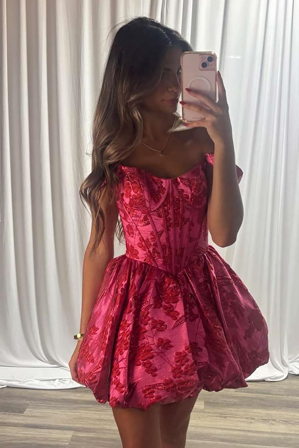 Floral Fuchsia A Line Off the Shoulder Short Corset Homecoming Dress