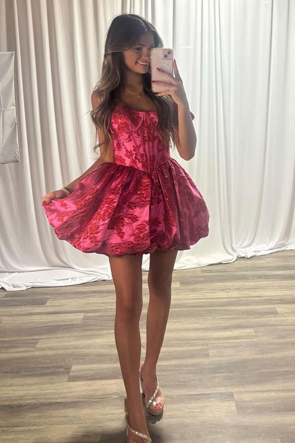 Floral Fuchsia A Line Off the Shoulder Short Corset Homecoming Dress