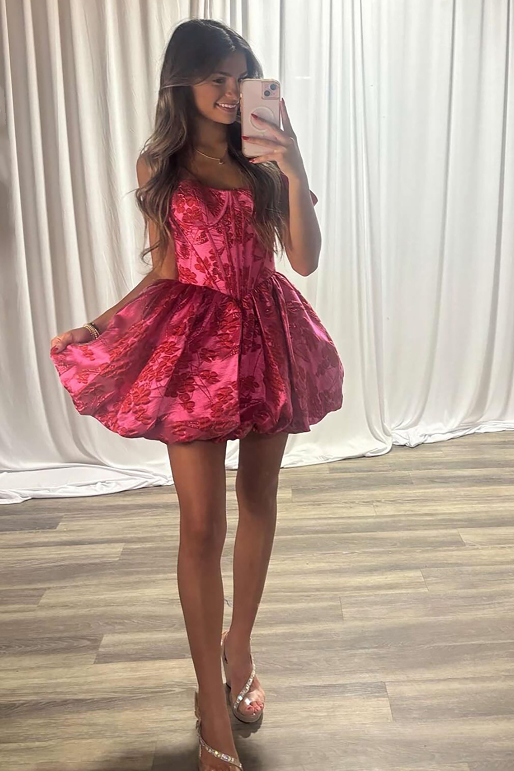 Floral Fuchsia A Line Off the Shoulder Short Corset Homecoming Dress