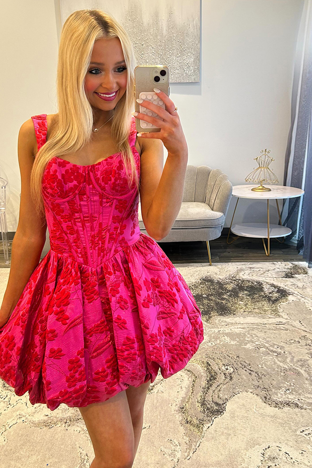 Floral Fuchsia A Line Ruched Short Corset Homecoming Dress