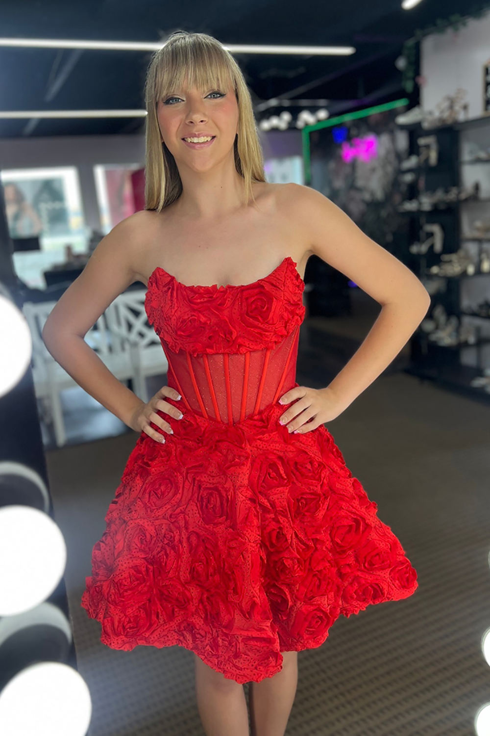 Red Floral A Line Strapless Short Corset Homecoming Dress