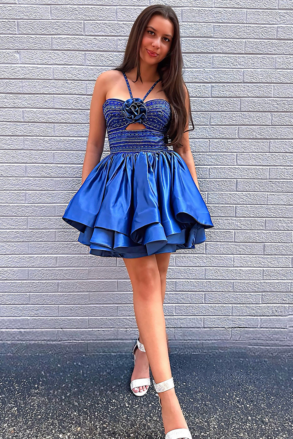 Sparkly Royal Blue Ruffled Halter Beaded Short Homecoming Dress with 3D Flower