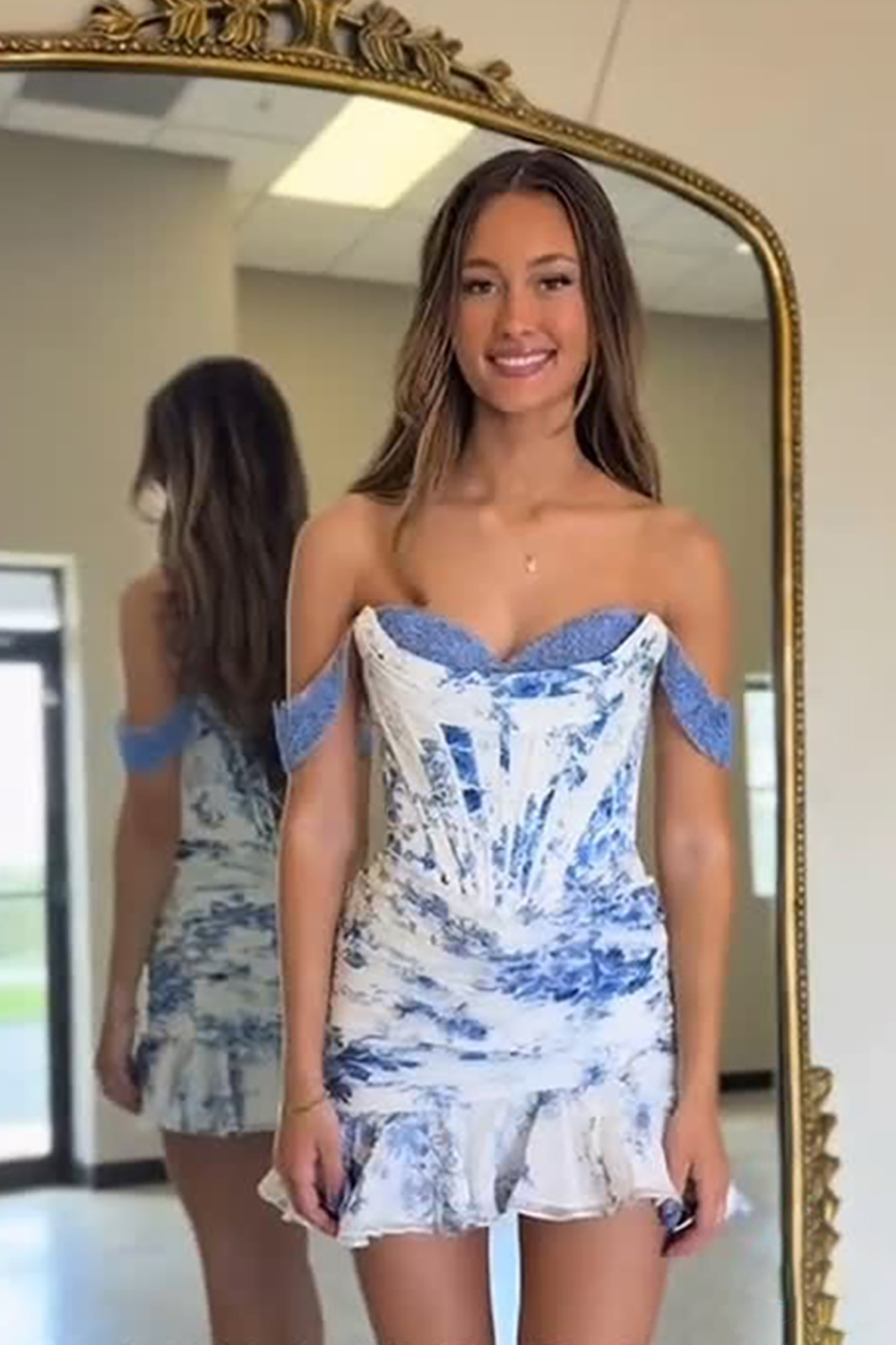 Floral Blue Bodycon Off the Shoulder Short Corset Homecoming Dress