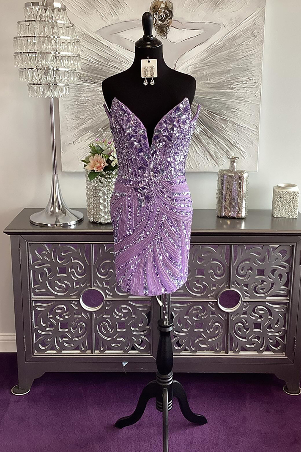 Sparkly Purple Bodycon Beaded Short Corset Homecoming Dress
