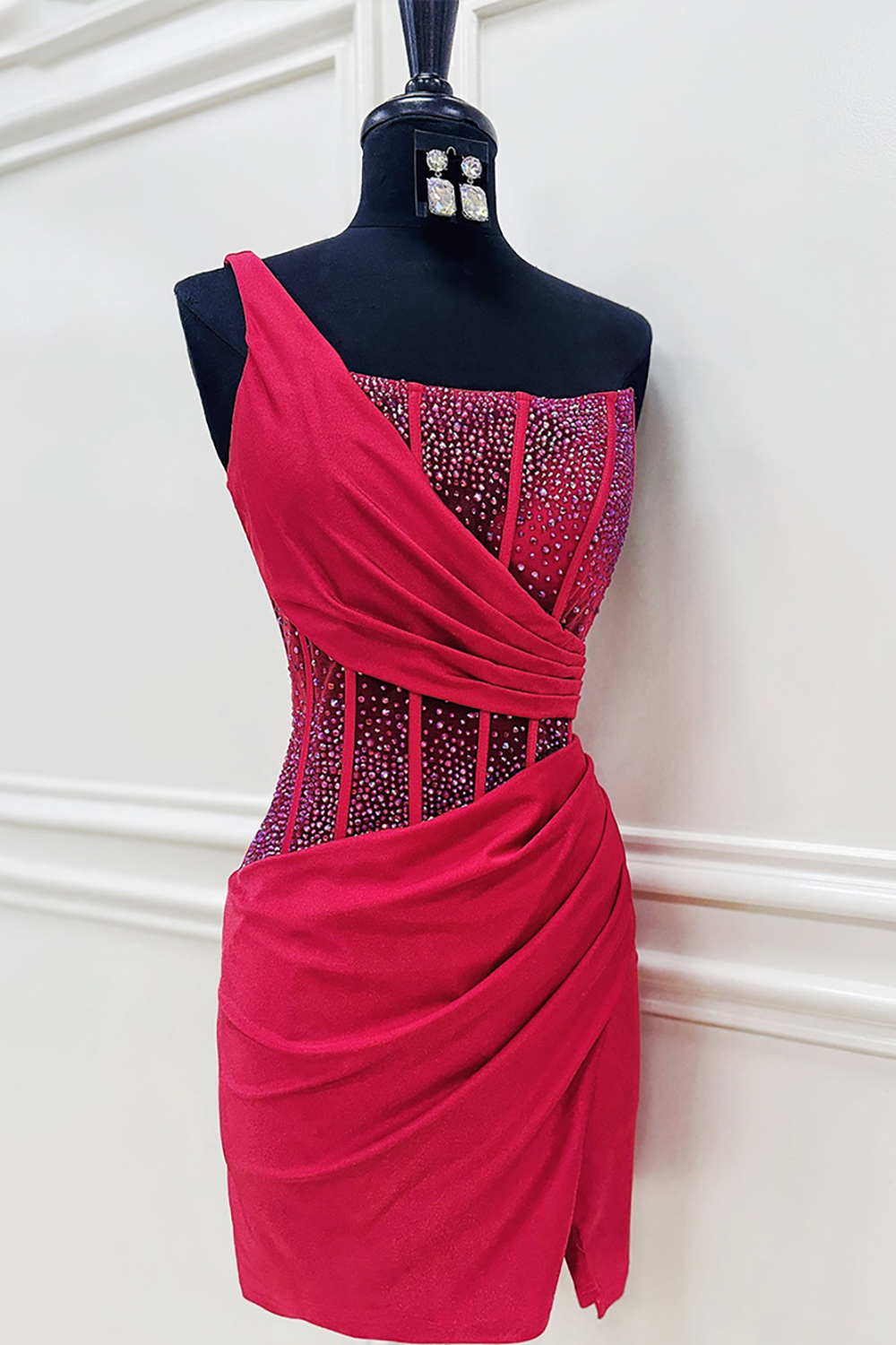 Sparkly Fuchsia Satin Tight Beaded Short Corset Homecoming Dress with Slit
