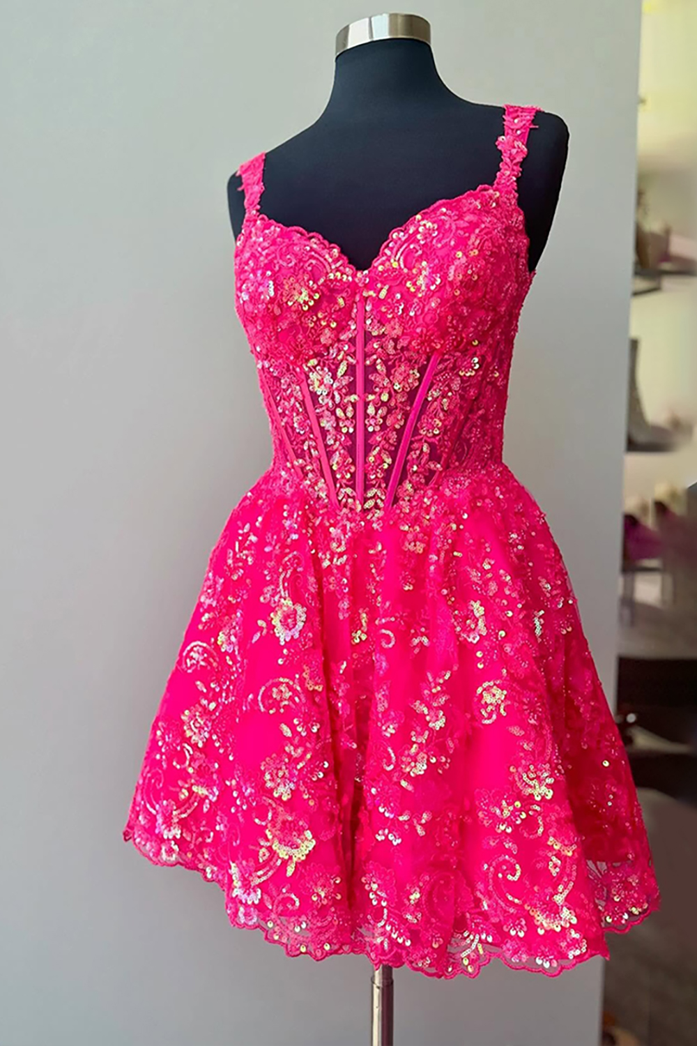 Sparkly Fuchsia Floral A Line Sequins Short Corset Homecoming Dress