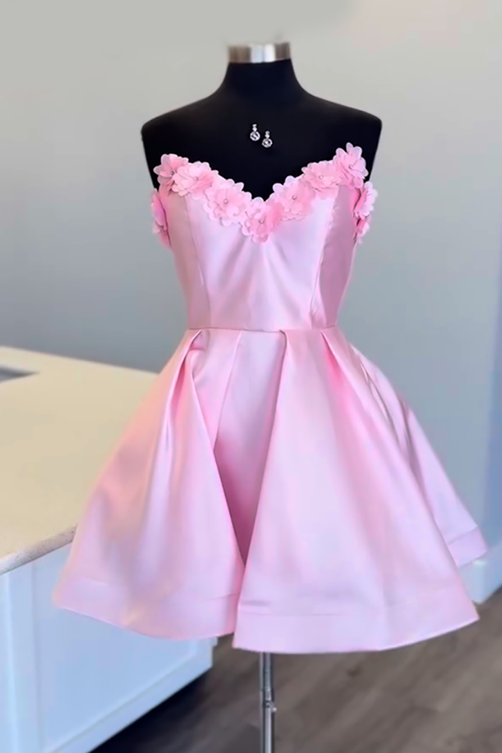 Pink Floral A Line Satin Short Homecoming Dress