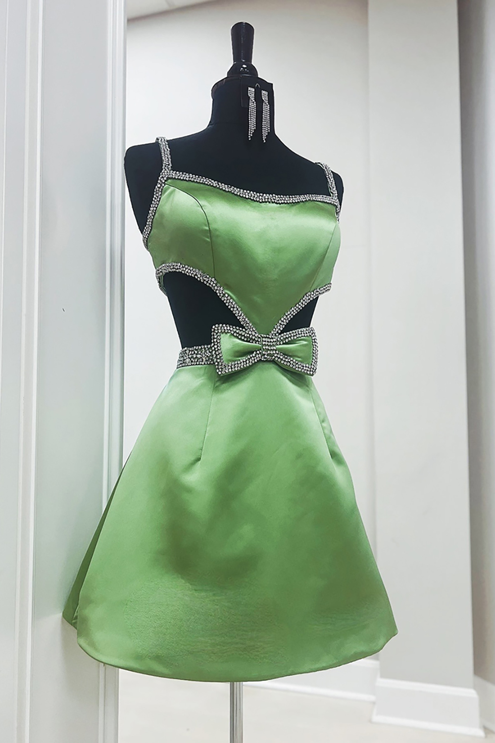 Sparkly Olive Beaded Satin Cut Out Short Homecoming Dress with Bow