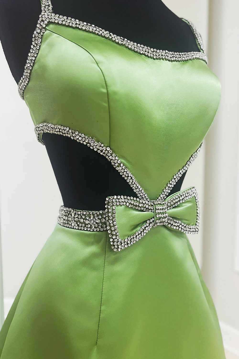 Sparkly Olive Beaded Satin Cut Out Short Homecoming Dress with Bow