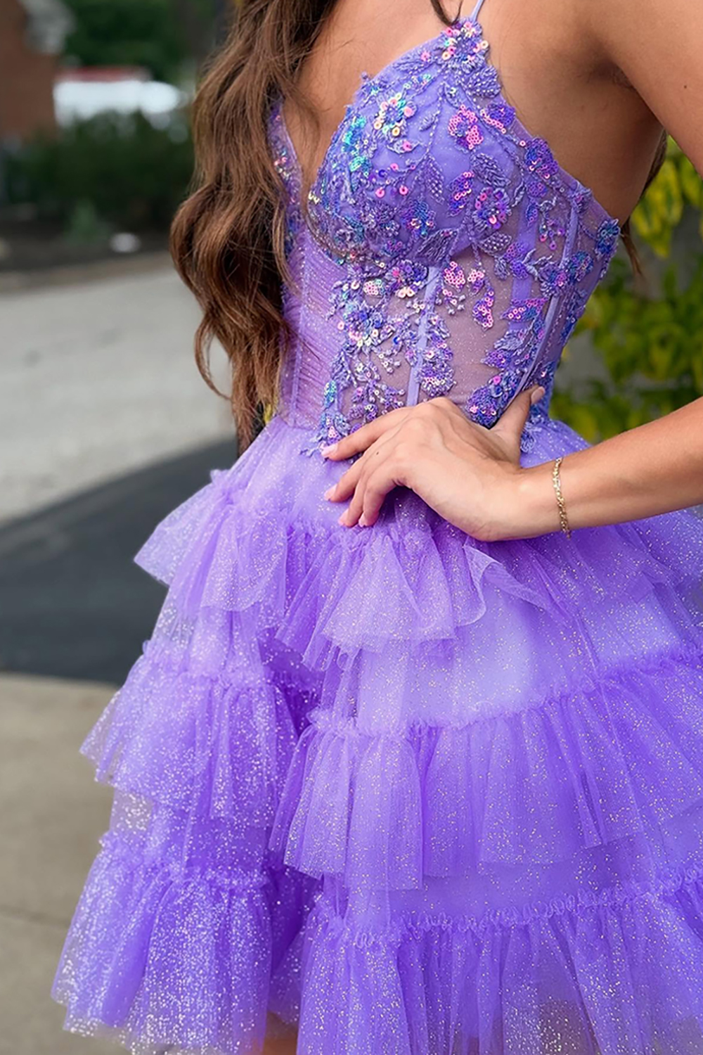 Glitter Lavender Ruffled Short Corset Homecoming Dress with Sequins
