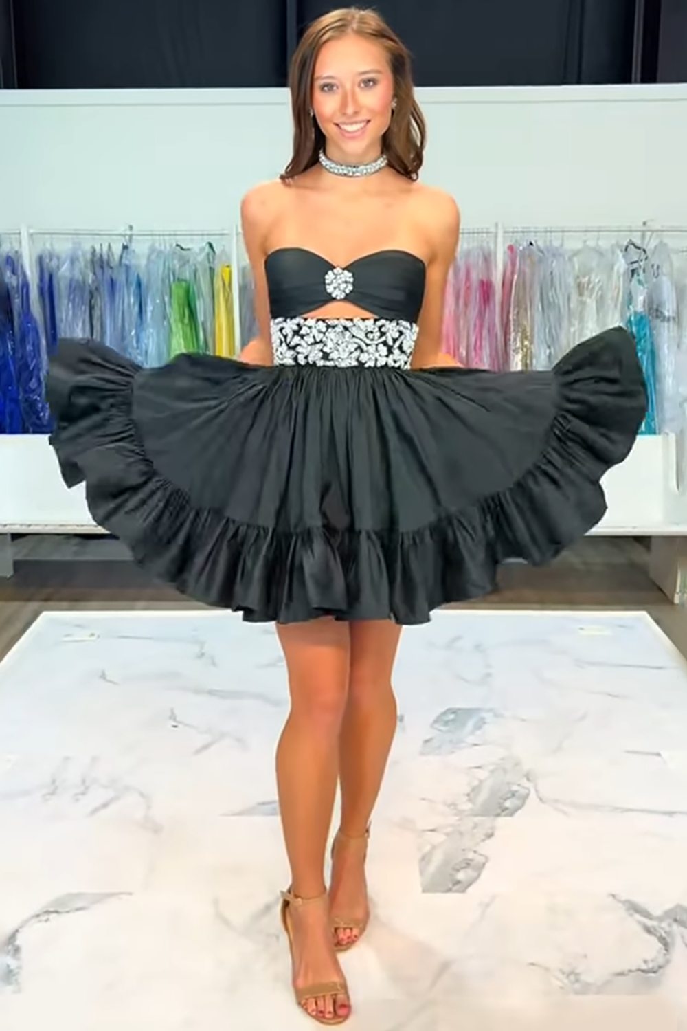 Sparkly Black A Line Keyhole Short Homecoming Dress with Rhinestones