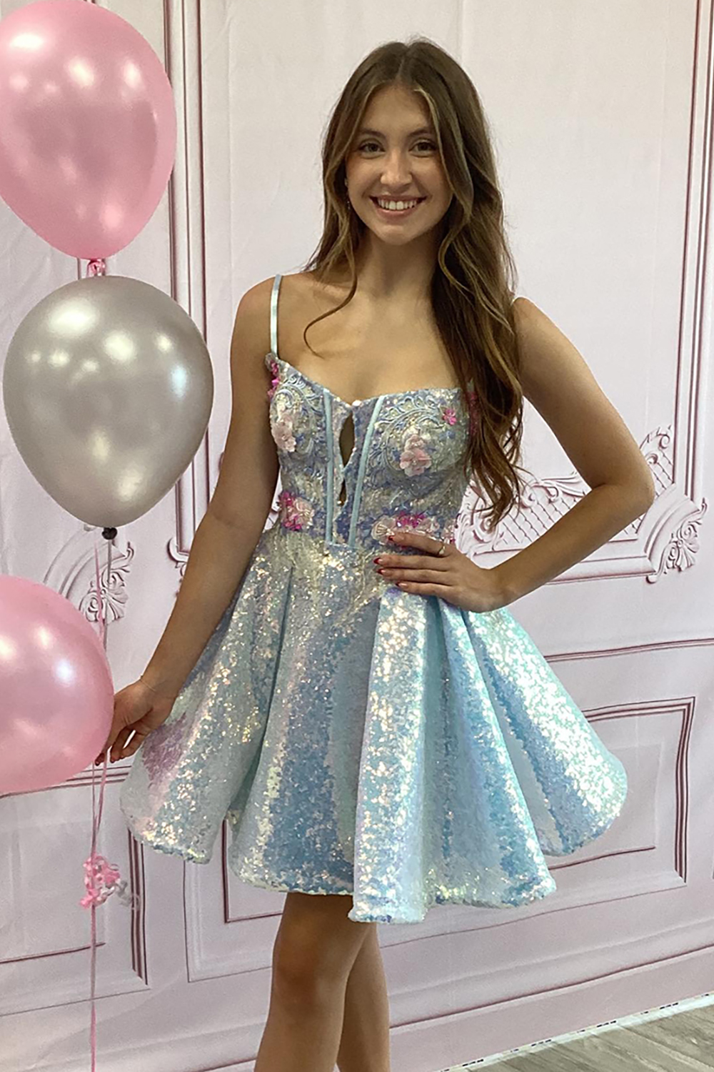 Sparkly Blue Floral Spaghetti Straps Short Corset Homecoming Dress