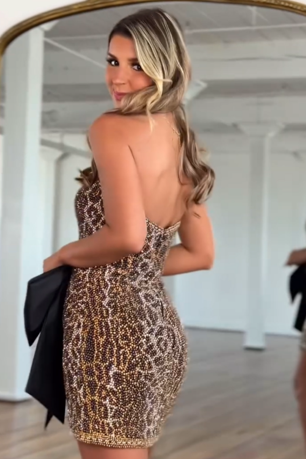 Sparkly Brown Bodycon Strapless Short Homecoming Dress with Bow