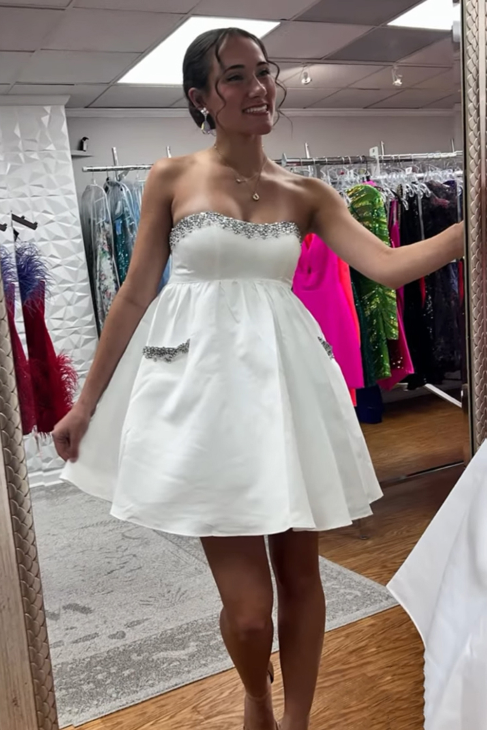Sparkly White Strapless A Line Short Homecoming Dress with Beading