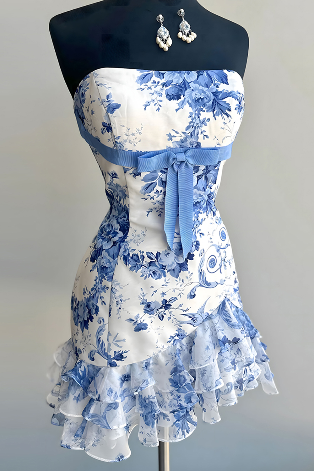 Floral Blue Tight Ruffled Short Corset Homecoming Dress with Bow