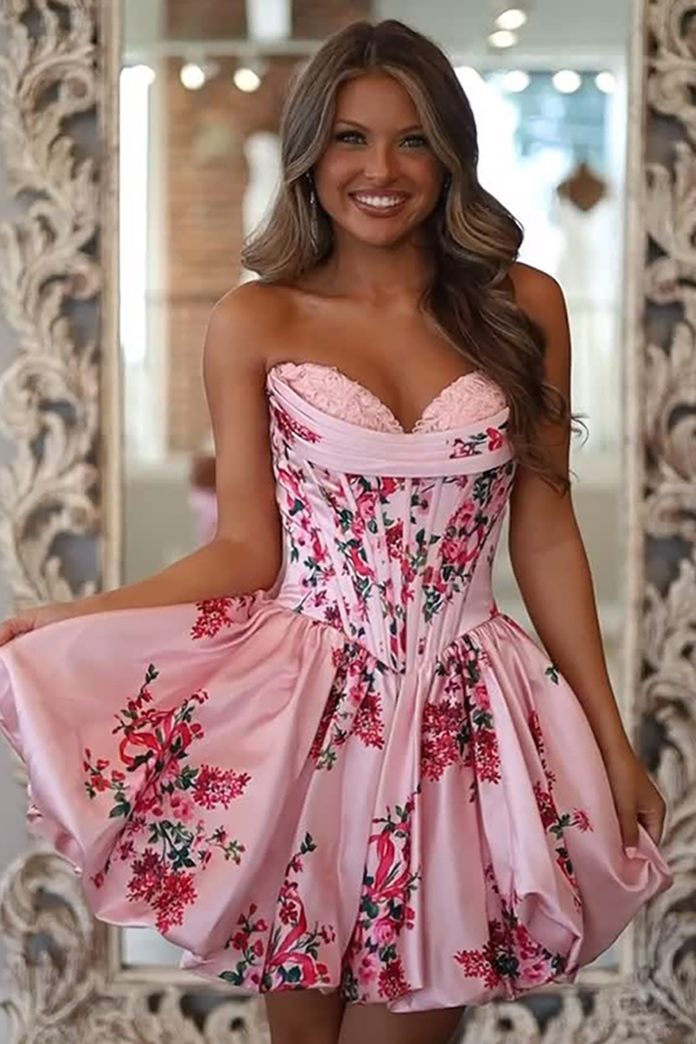 Floral Blue A Line Short Corset Homecoming Dress with Appliques