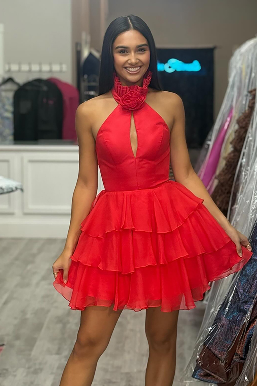 Floral Black A Line Halter Short Homecoming Dress with Ruffles