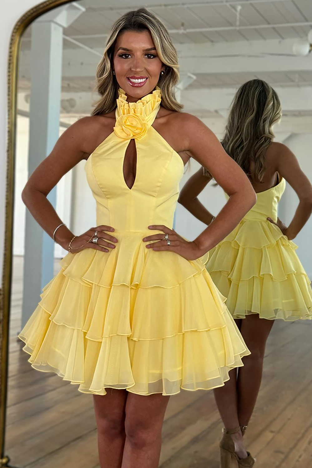 Floral Black A Line Halter Short Homecoming Dress with Ruffles