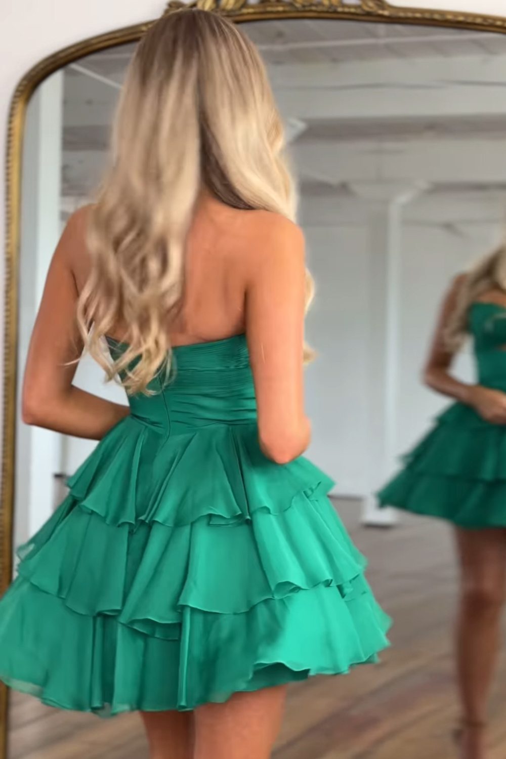 Green Floral Tiered Ruffled A Line Short Homecoming Dress