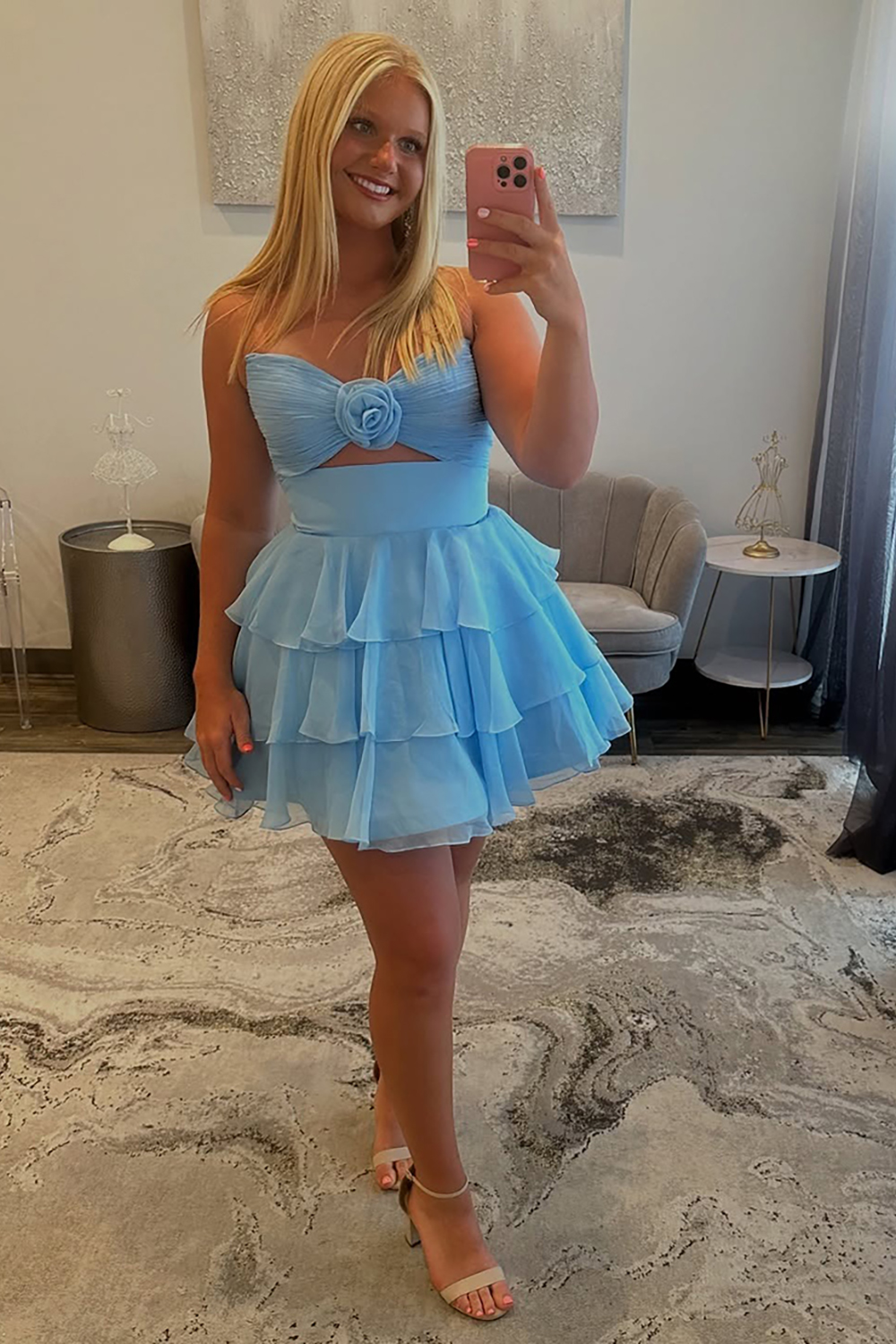 Floral Green Chiffon Sweetheart A Line Short Homecoming Dress