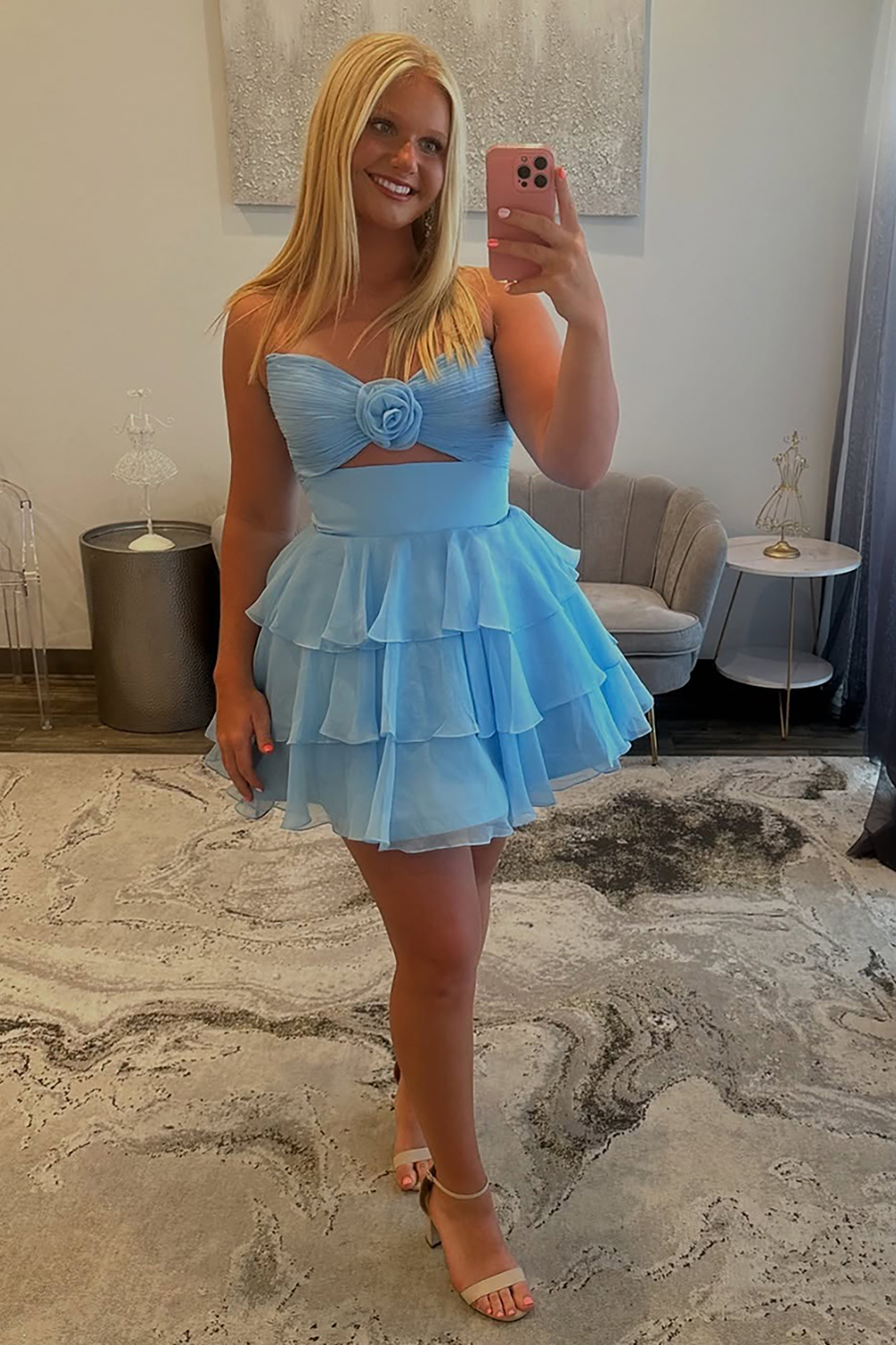 Floral Green Chiffon Sweetheart A Line Short Homecoming Dress