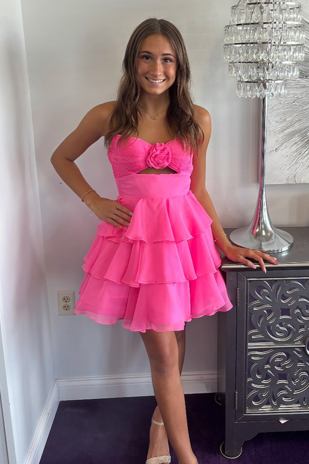 Floral Green Chiffon Sweetheart A Line Short Homecoming Dress