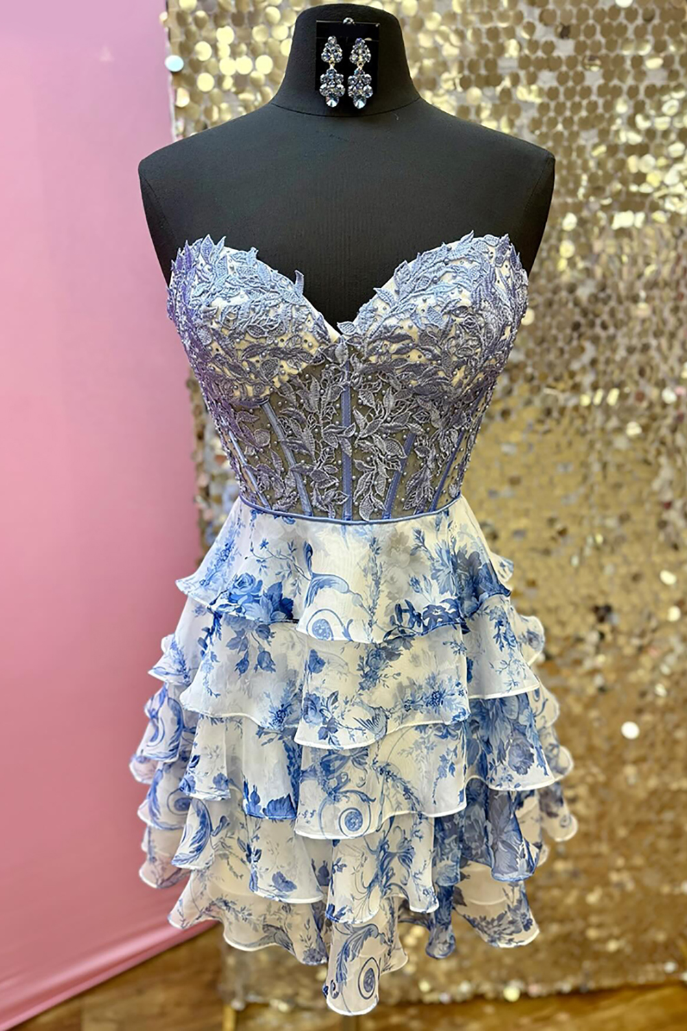 Floral Blue Tiered A Line Short Ruffled Homecoming Dress with Lace