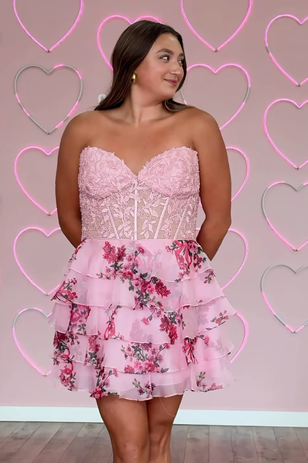 Floral Blue Tiered A Line Short Ruffled Homecoming Dress with Lace