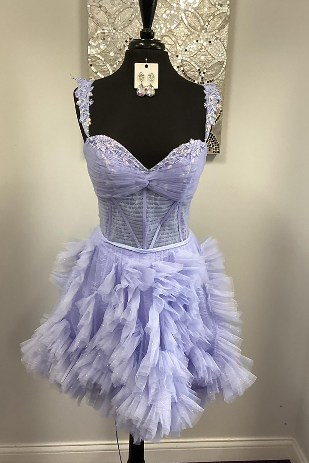 Sparkly Lilac Tulle Ruffled Appliqued Short Corset Homecoming Dress