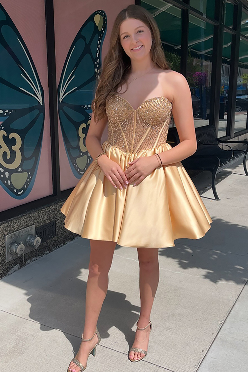 Sparkly Gold Satin Sweetheart Short Corset Homecoming Dress with Beading