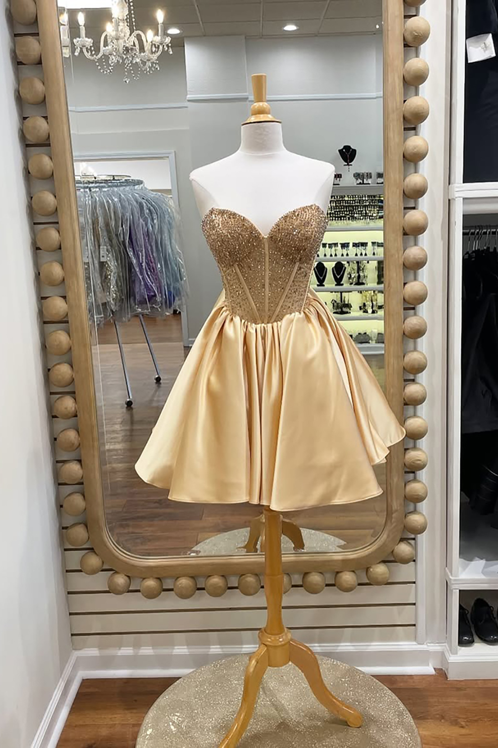 Sparkly Gold Sweetheart Short Corset Homecoming Dress with Beading