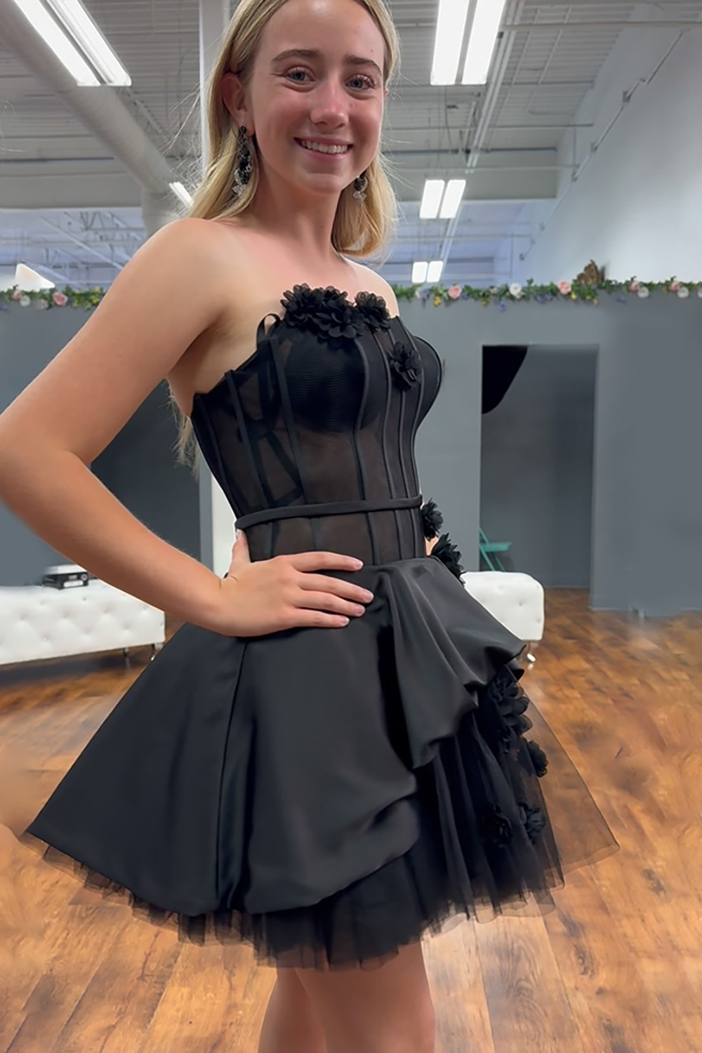 Black Floral Strapless A Line Short Corset Homecoming Dress