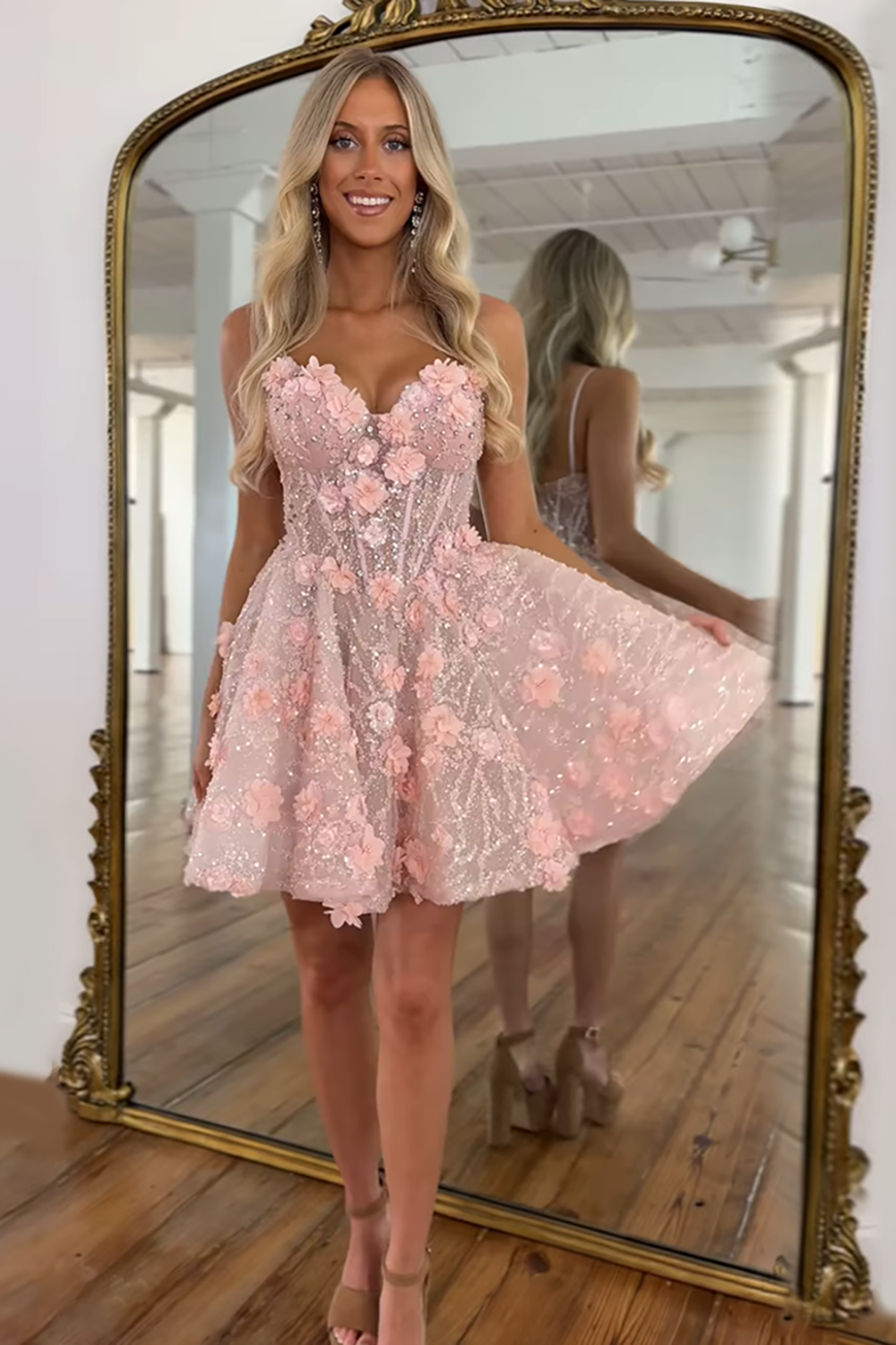 Sparkly Pink Floral A Line Short Corset Homecoming Dress with Rhinestones