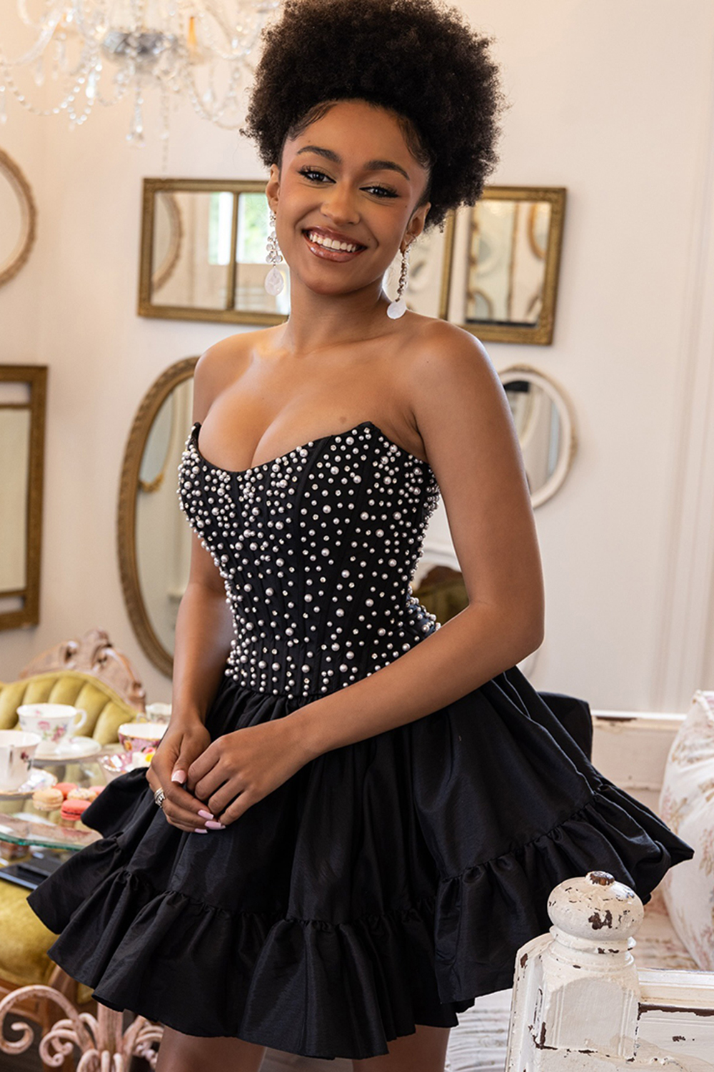 Pink Satin Strapless Pearls Short Corset Homecoming Dress with Ruffles