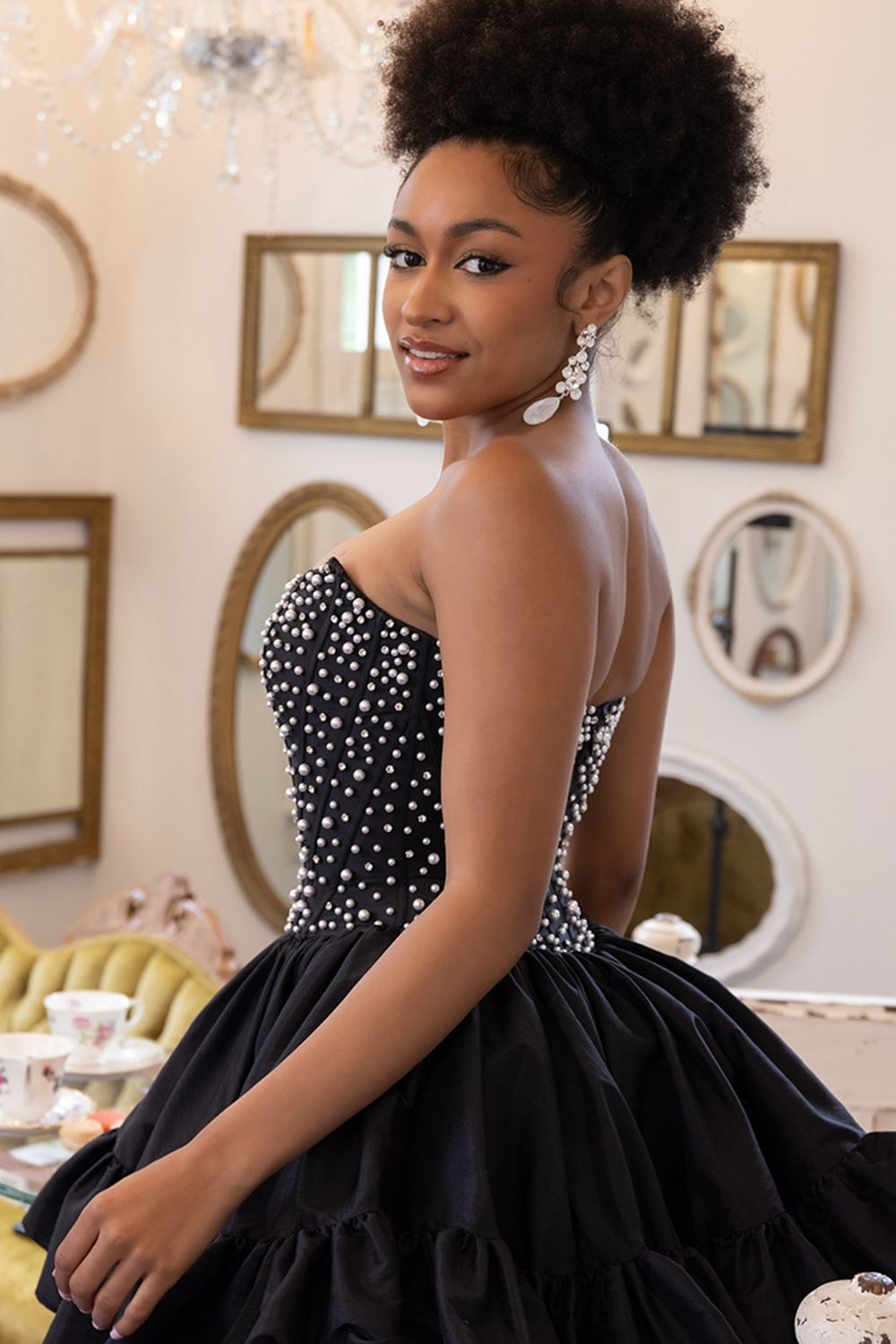 Pink Satin Strapless Pearls Short Corset Homecoming Dress with Ruffles