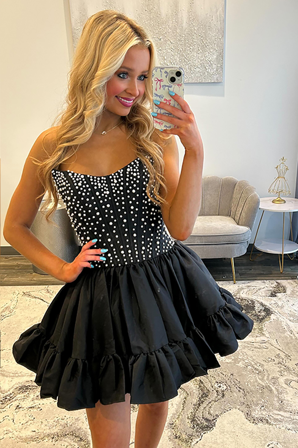 Pink Satin Strapless Pearls Short Corset Homecoming Dress with Ruffles