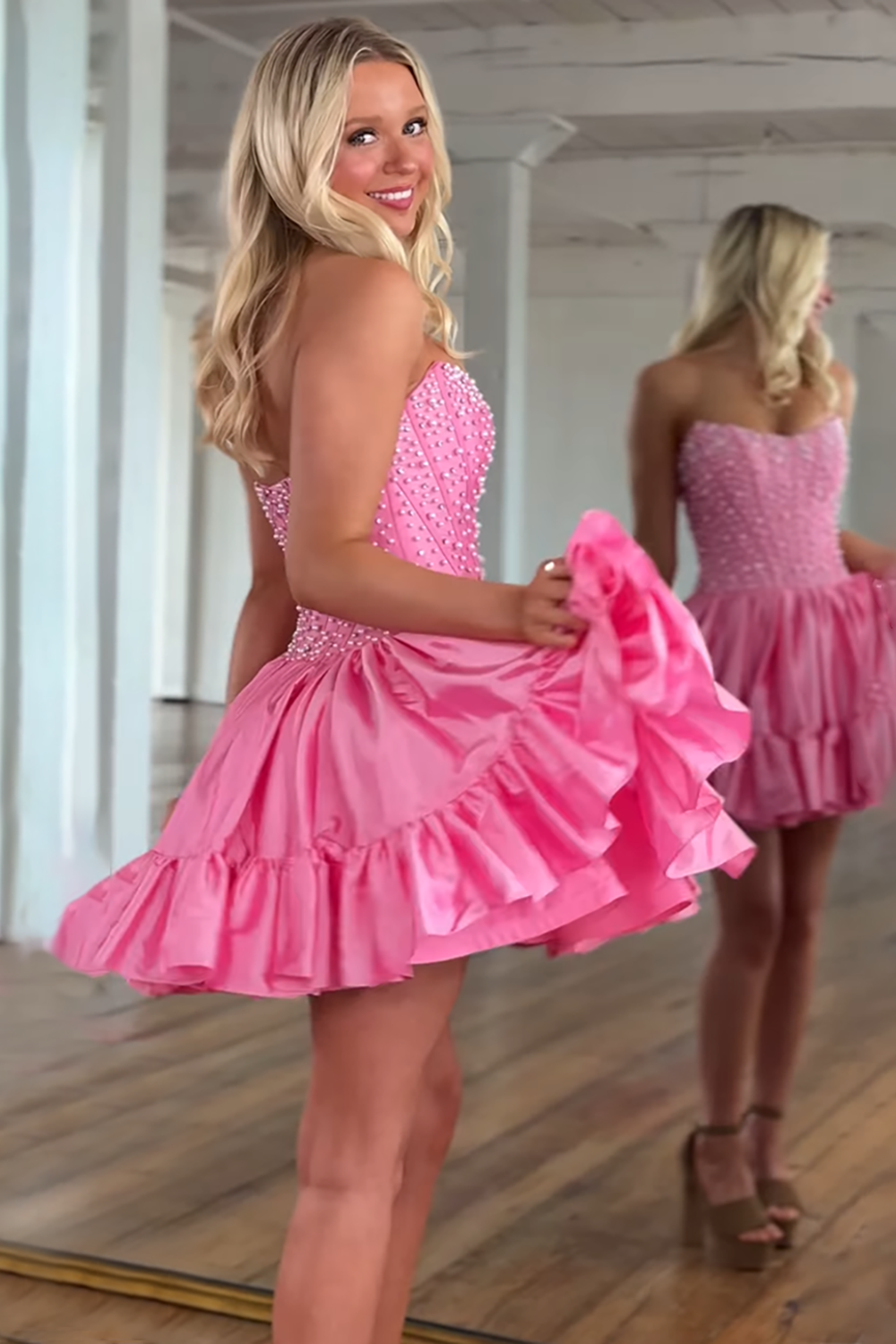 Pink Satin Strapless Ruffled Short Corset Homecoming Dress with Pearls
