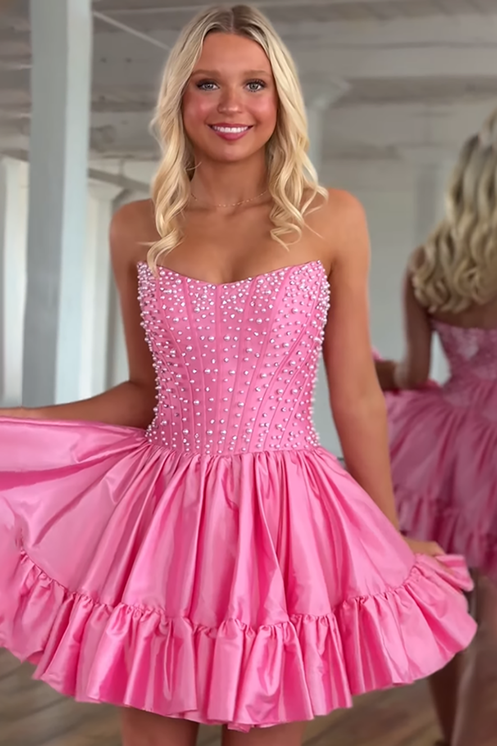Pink Satin Strapless Ruffled Short Corset Homecoming Dress with Pearls