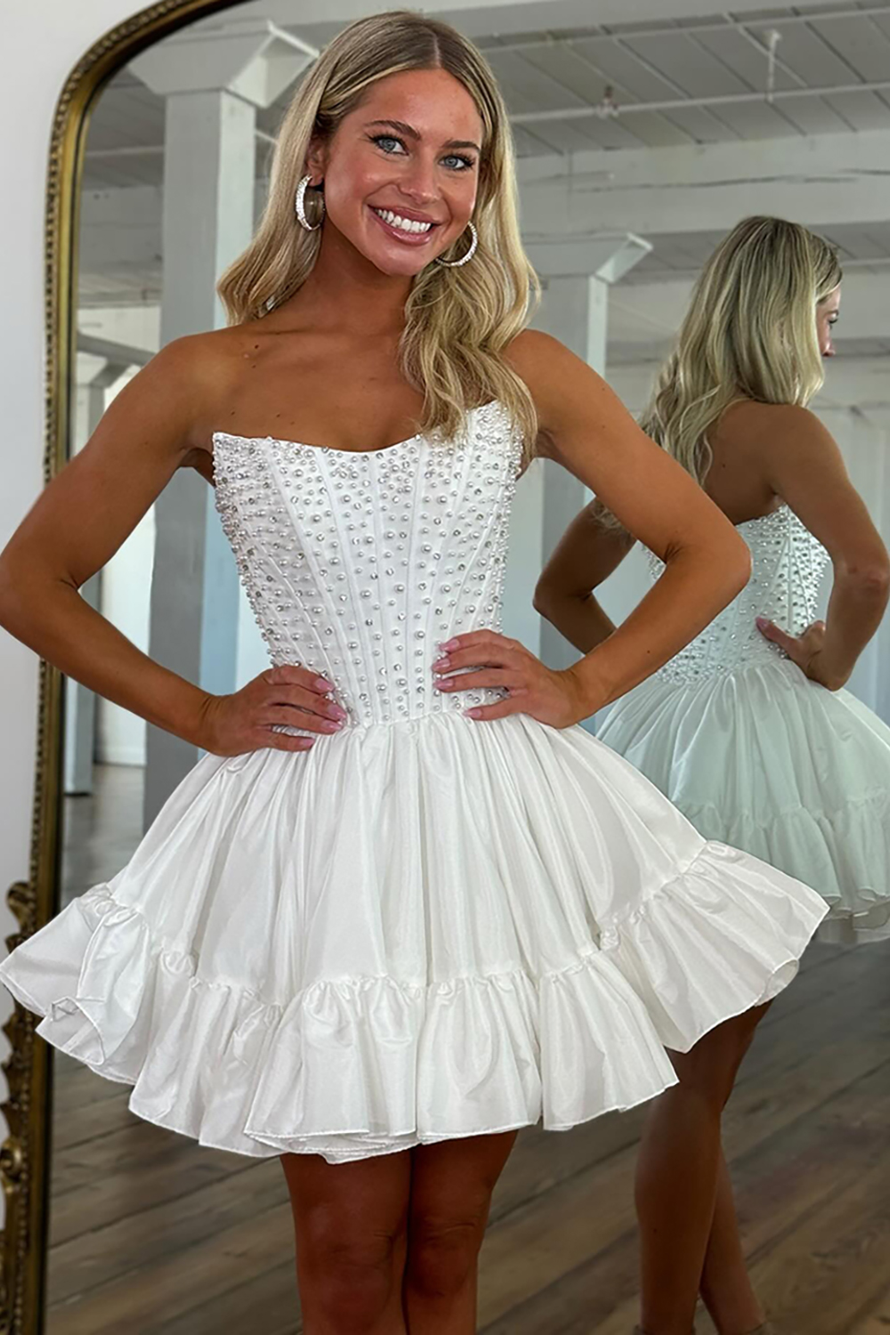 Pink Satin Strapless Pearls Short Corset Homecoming Dress with Ruffles