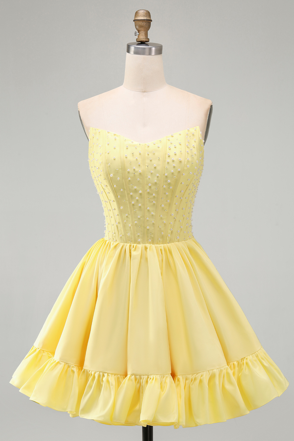 Pink Satin Strapless Pearls Short Corset Homecoming Dress with Ruffles