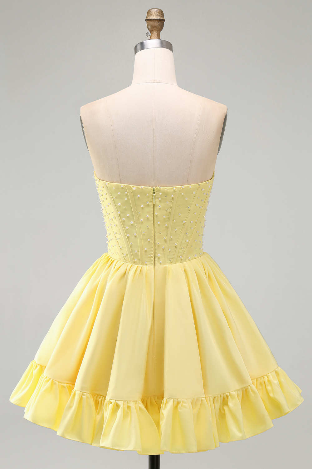 Pink Satin Strapless Pearls Short Corset Homecoming Dress with Ruffles