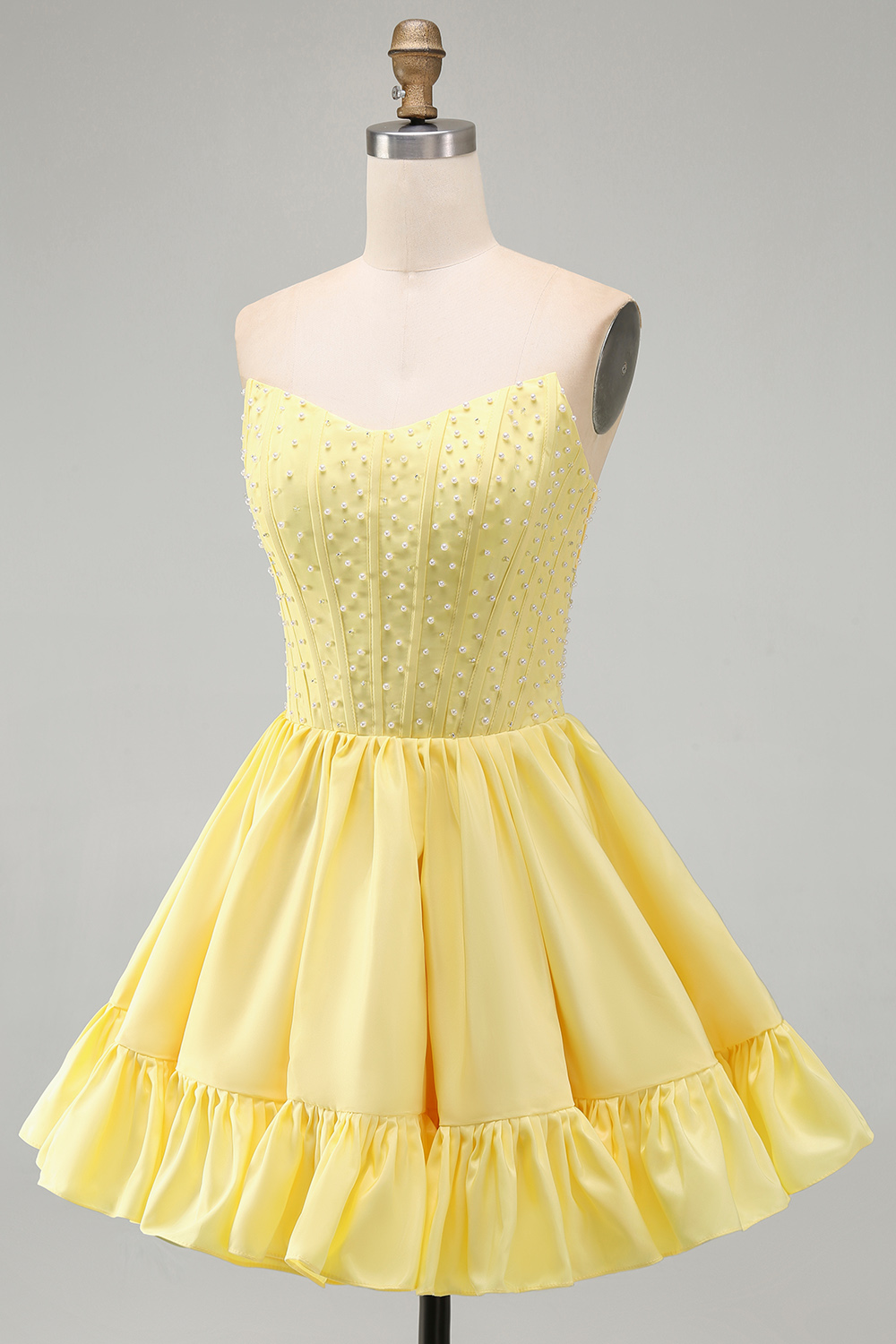 Pink Satin Strapless Pearls Short Corset Homecoming Dress with Ruffles