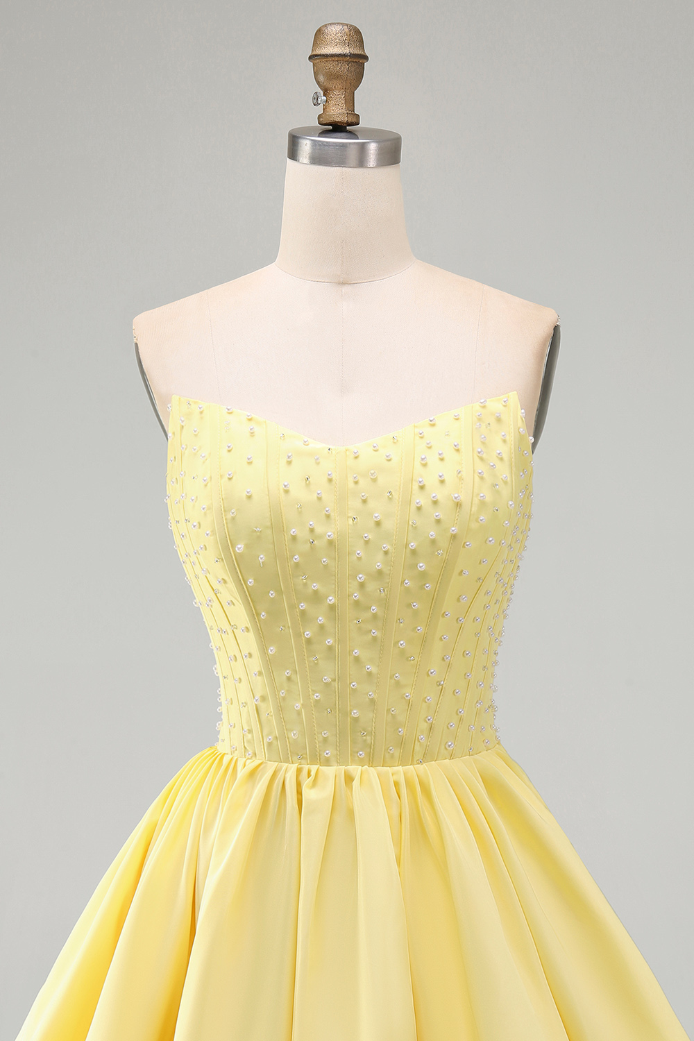Pink Satin Strapless Pearls Short Corset Homecoming Dress with Ruffles