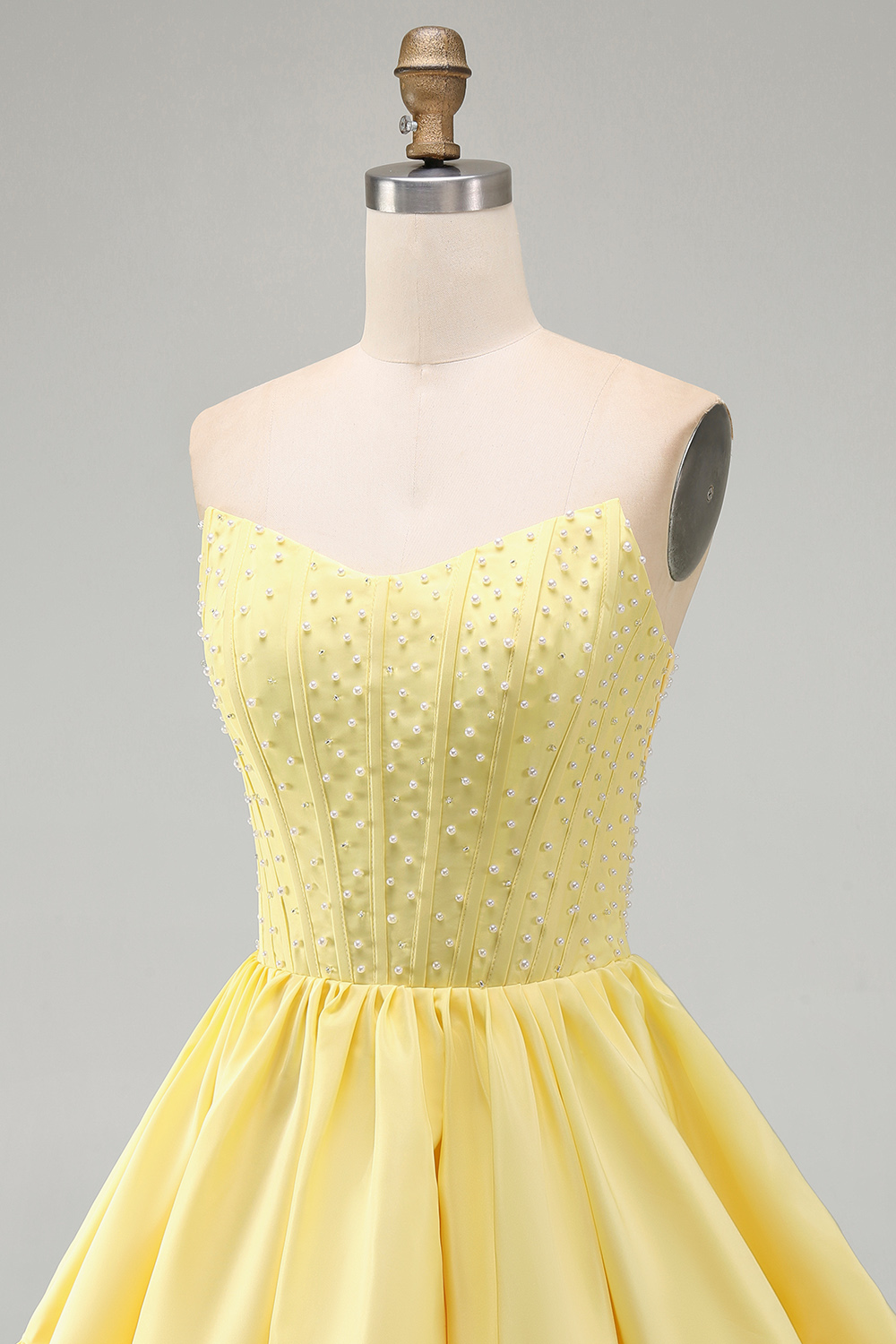 Pink Satin Strapless Pearls Short Corset Homecoming Dress with Ruffles