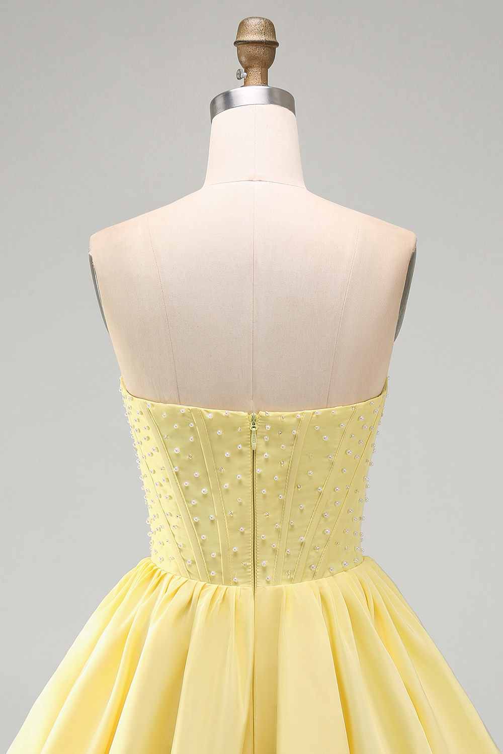 Pink Satin Strapless Pearls Short Corset Homecoming Dress with Ruffles