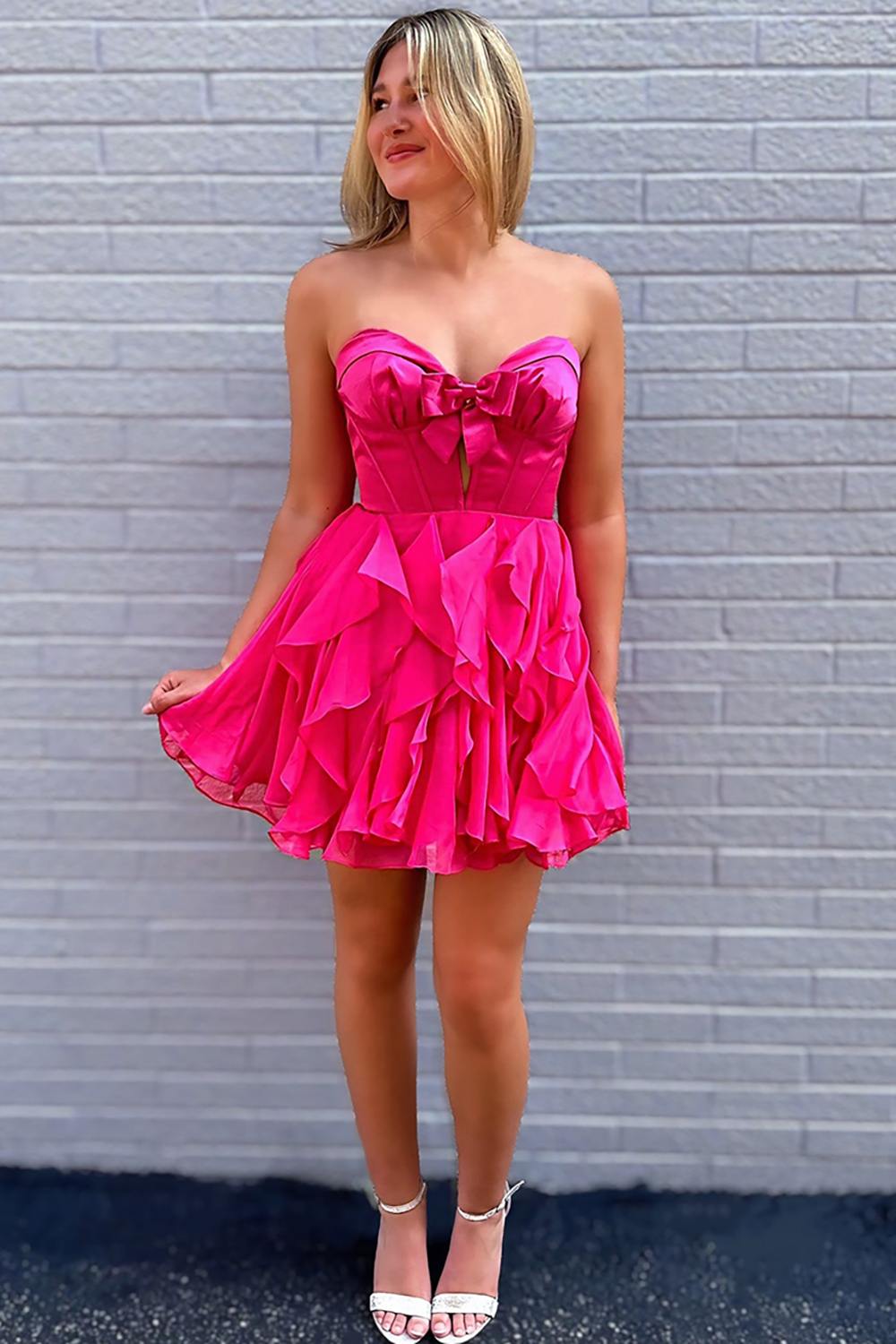 Fuchsia A Line Ruffled Short Corset Homecoming Dress with Bow