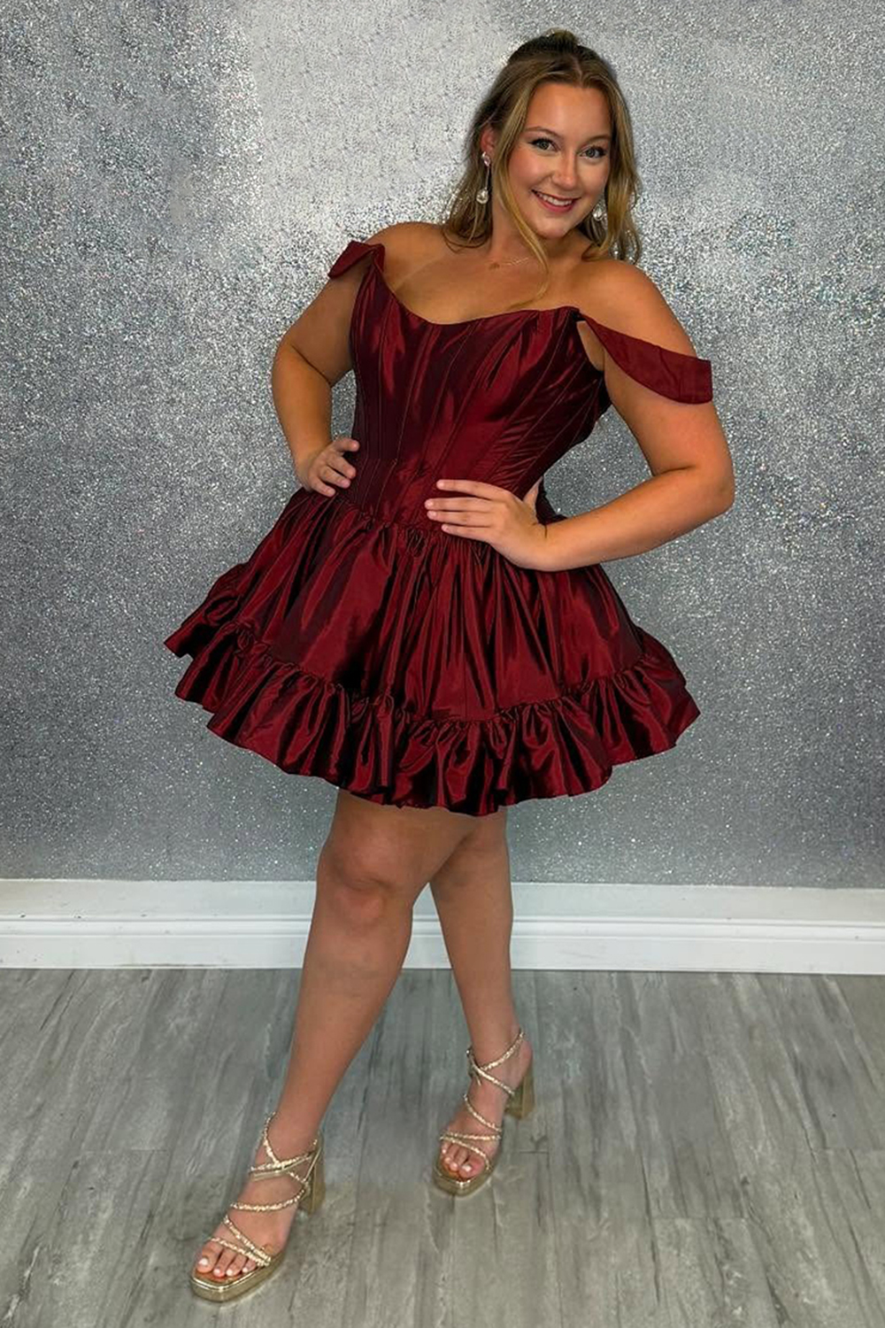 Emerald Green Satin Off the Shoulder Short Corset Homecoming Dress with Ruffles