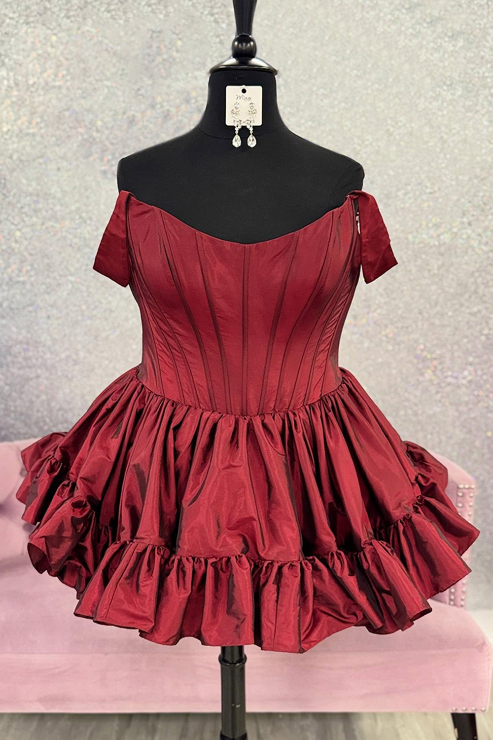 Emerald Green Satin Off the Shoulder Short Corset Homecoming Dress with Ruffles