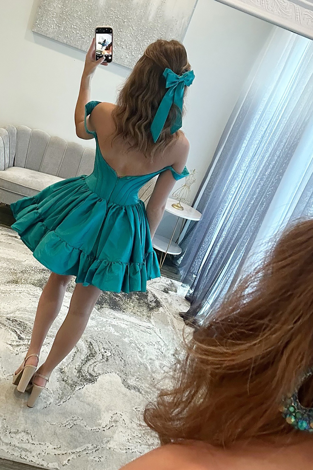 Emerald Green Off the Shoulder Satin Short Corset Homecoming Dress with Ruffles