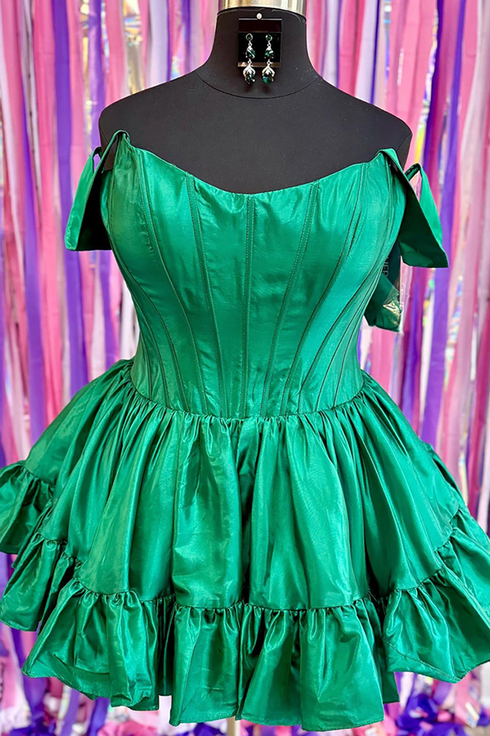 Emerald Green Satin Off the Shoulder Short Corset Homecoming Dress with Ruffles